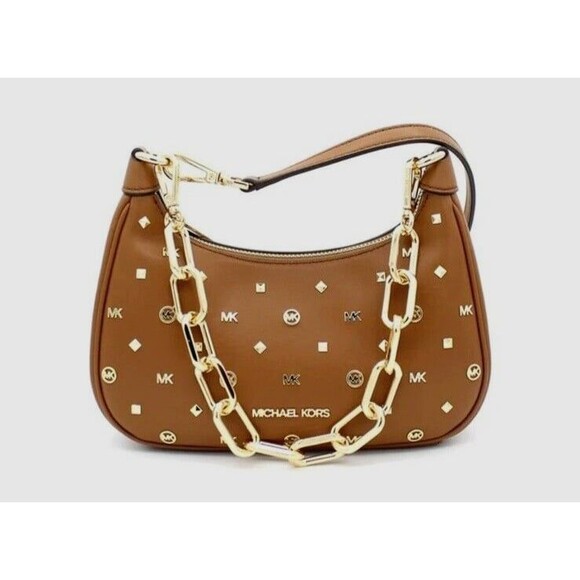 New Michael Kors Cora Shoulder Bag Medium Zip Pouchette Luggage with Studs - Picture 1 of 6